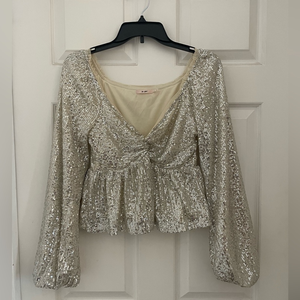 Mi Ami Silver Sequin Peplum Top | Puff Sleeve Party Blouse | Size S